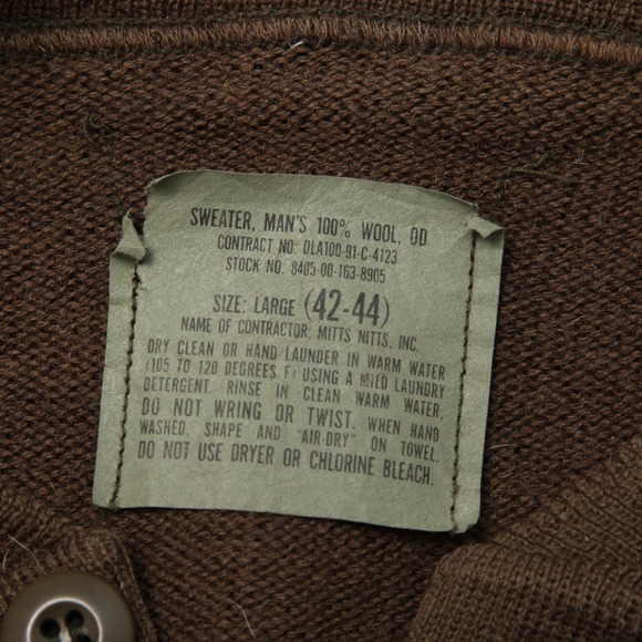 Vintage USGI Military Sweater Mens Large Brown 100% Wool Henley Pullover 90s - Picture 4 of 9